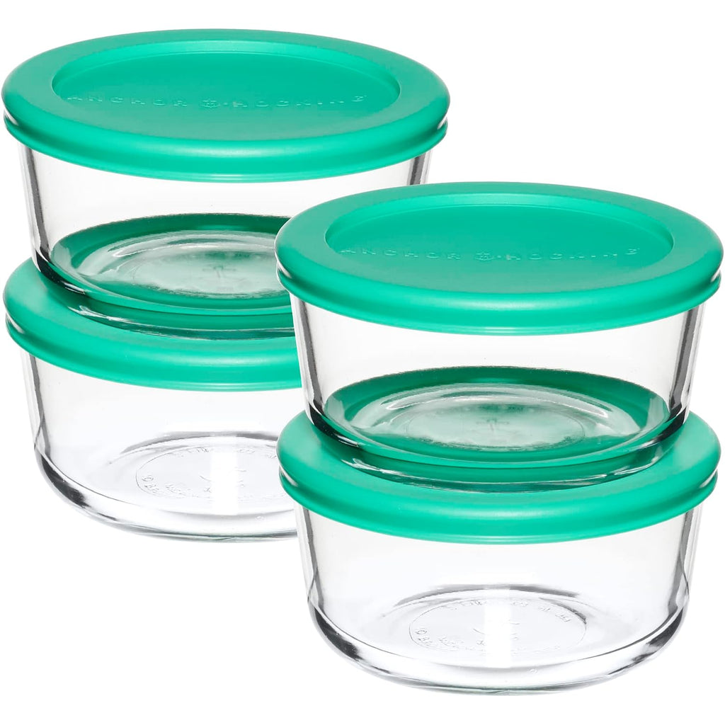 Anchor Hocking 2 Cup Glass Storage Containers With Lids, Set Of 4 Glass Food Storage Containers With Mint Snugfit Lids