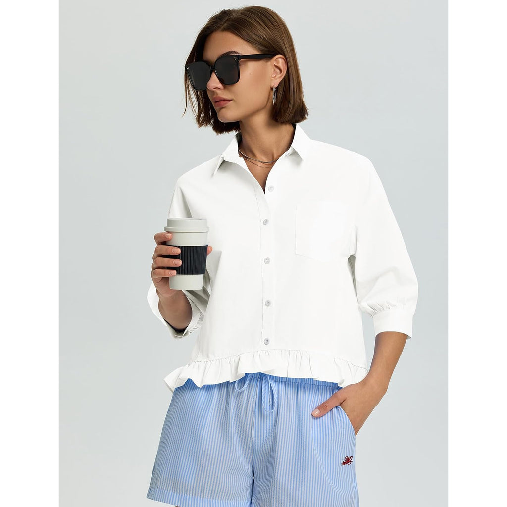 Lomon Womens 3/4 Sleeve Button Down Tops Dressy Casual Collared Shirts Blouses Ruffle Babydoll Tops Loose Fit