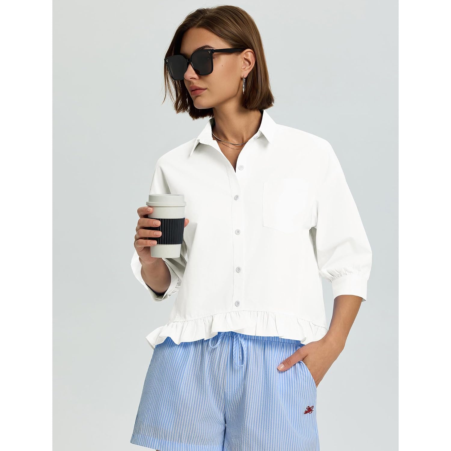 Lomon Womens 3/4 Sleeve Button Down Tops Dressy Casual Collared Shirts Blouses Ruffle Babydoll Tops Loose Fit