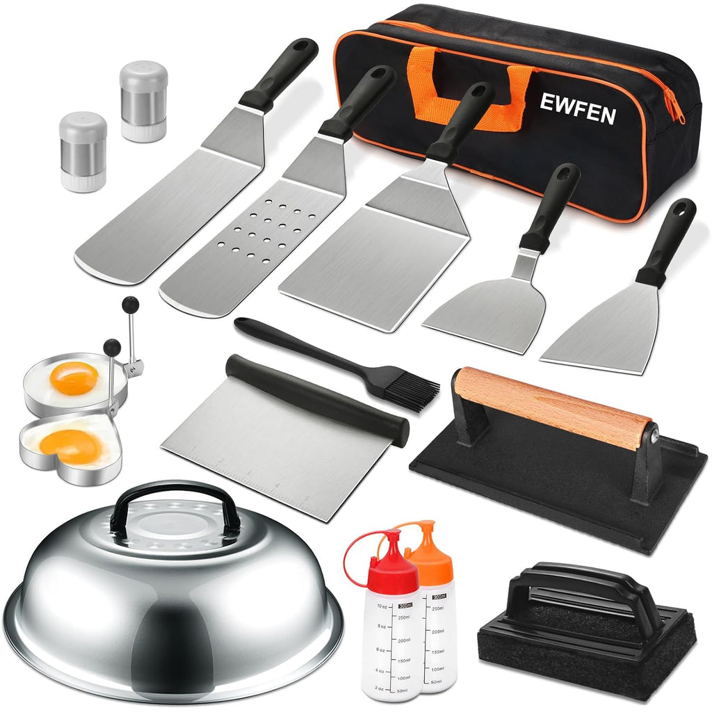 18Pcs Griddle Accessories Kit, Flat Top Grill Accessories Set For Blackstone And Camp Chef, Grill Spatula Set With Enlarged Spatulas, Basting Cover, Scraper For Outdoor Bbq