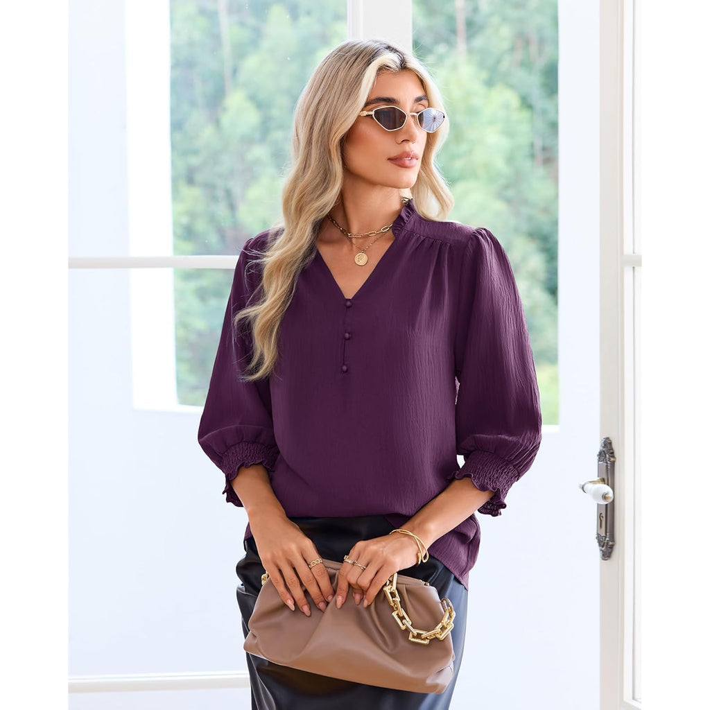 Blouses for Women Dressy Casual 3/4 Length Sleeve Womens Tops 2026 Fashion Spring Trendy Smocked Business Casual Work