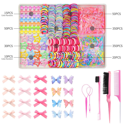 900 pcs Colorful Hair Ties for Girls Multi-color Hair Accessories for Girls Toddler Hair Ties with Hair Tail Tools and Cute Hair Clips