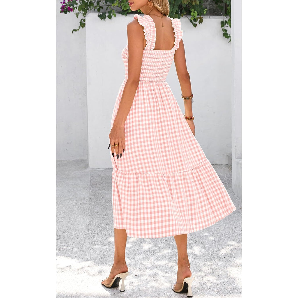 Prettygarden Womens Summer Dress Casual Square Neck Ruffle Strap Gingham Smocked Midi Flowy A Line Beach Vacation Sun Dresses