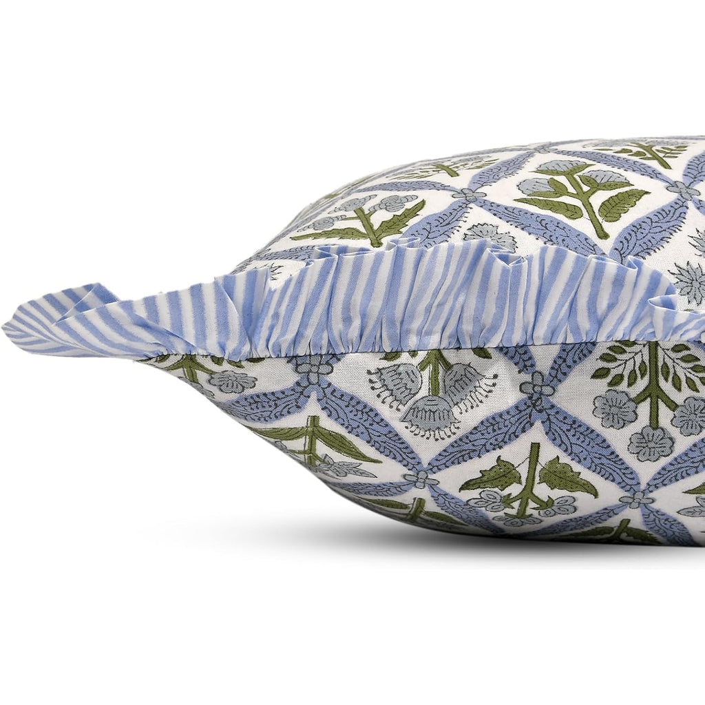 Block Print Light Steel Blue Throw Pillow Cover 18" X 18" (Pack Of 2) Decorative Cushion Covers With Ruffle For Couch, Sofa, Bed, Living Room, Home Decor Gift For Spring, Easter, Valentine