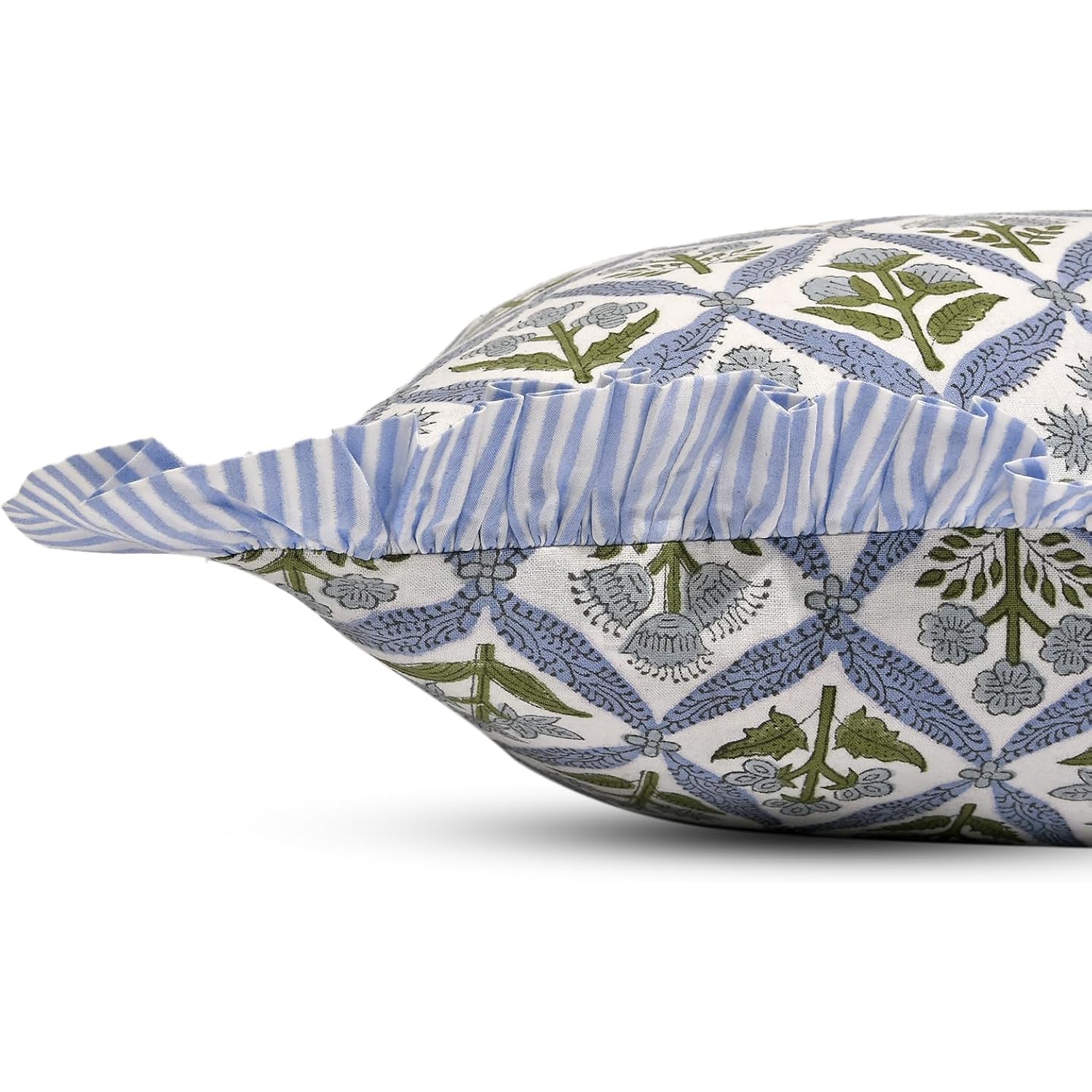 Block Print Light Steel Blue Throw Pillow Cover 18" X 18" (Pack Of 2) Decorative Cushion Covers With Ruffle For Couch, Sofa, Bed, Living Room, Home Decor Gift For Spring, Easter, Valentine