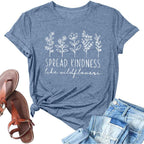 Spread Kindness Like Flower T-Shirt for Women Cute Flower Graphic Shirt Casual Positive Inspirational Short Sleeve Tee Top Ink Blue