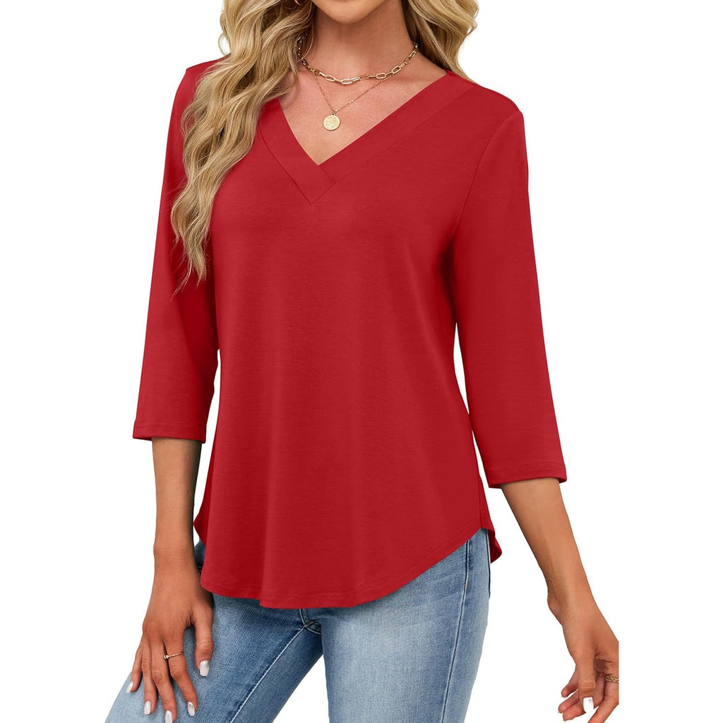 JUSTFASHIONNOW Womens 3/4 Length Sleeve Tops V Neck Split Tunic Tops Flowy T Shirts Summer 2026 Dressy Casual Blouses