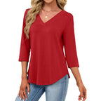 JUSTFASHIONNOW Womens 3/4 Length Sleeve Tops V Neck Split Tunic Tops Flowy T Shirts Summer 2026 Dressy Casual Blouses
