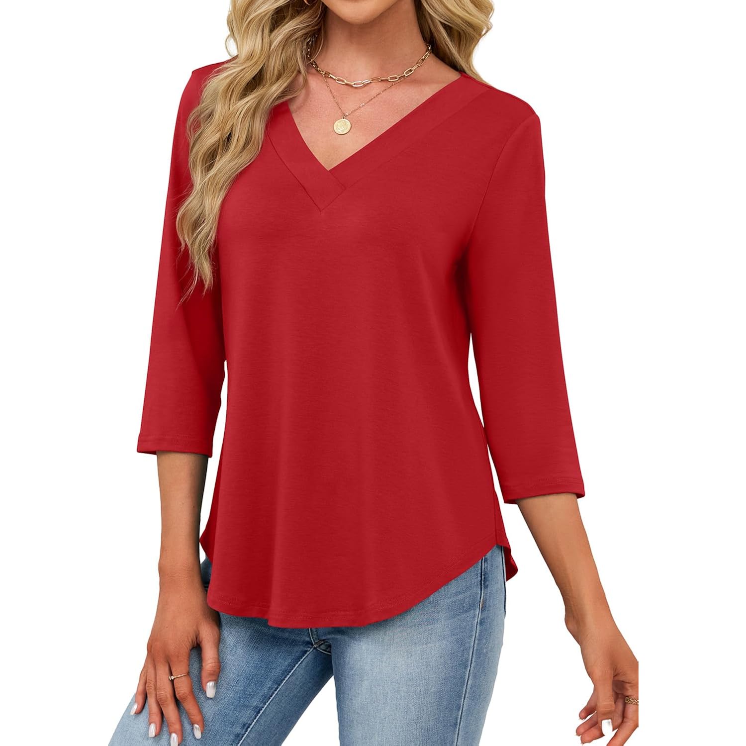 JUSTFASHIONNOW Womens 3/4 Length Sleeve Tops V Neck Split Tunic Tops Flowy T Shirts Summer 2026 Dressy Casual Blouses
