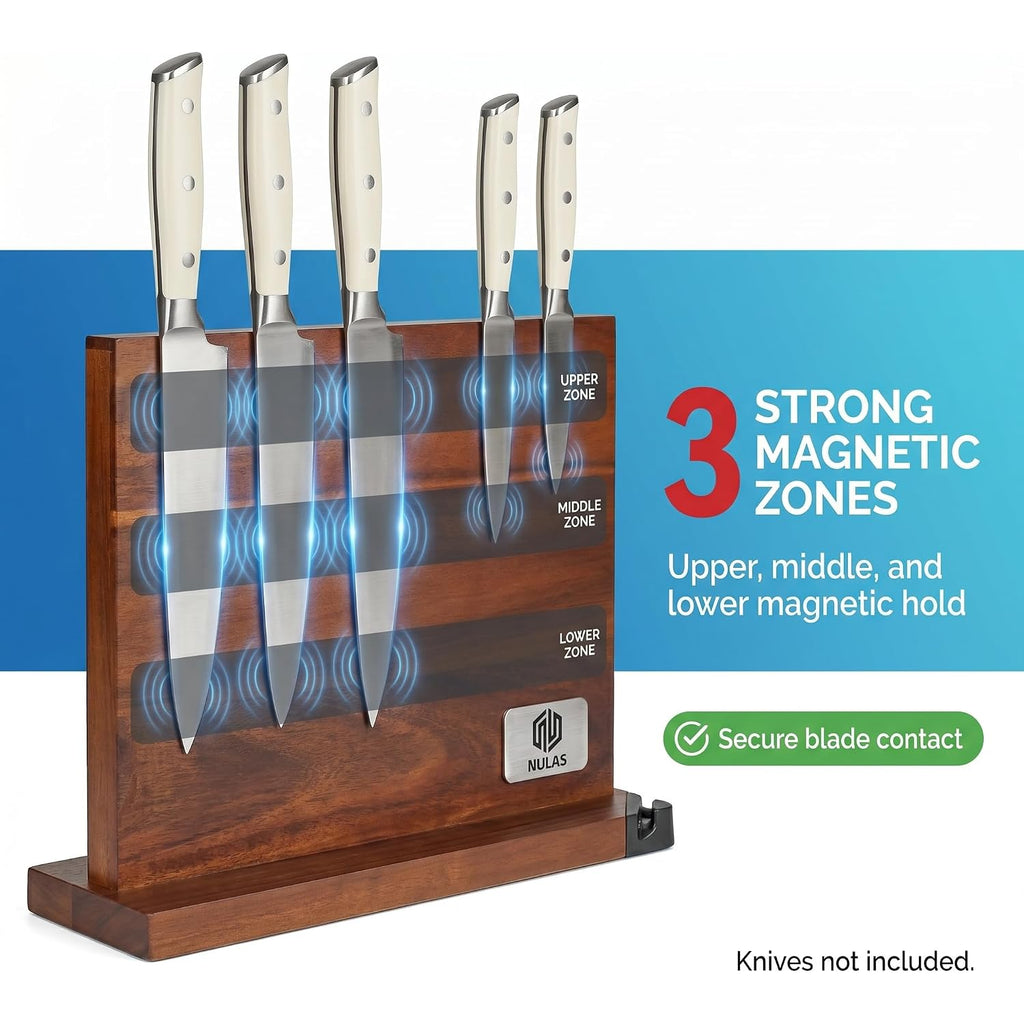 Magnetic Knife Block With Built-In Sharpener, Double-Sided Countertop Magnetic Knife Holder, Holds Up To 12 Knives & Metal Kitchen Tools, Brown