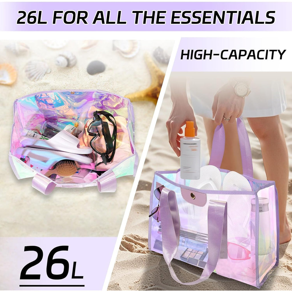 Golffox 2-Piece 26L Iridescent Beach Bag Set - Purple Iridescent Tote Bag With Snap & Pink Tote Bag With Zipper & Waterproof Touchscreen Phone Pouch, Perfect Beach Essentials For Family