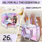 Golffox 2-Piece 26L Iridescent Beach Bag Set - Purple Iridescent Tote Bag With Snap & Pink Tote Bag With Zipper & Waterproof Touchscreen Phone Pouch, Perfect Beach Essentials For Family
