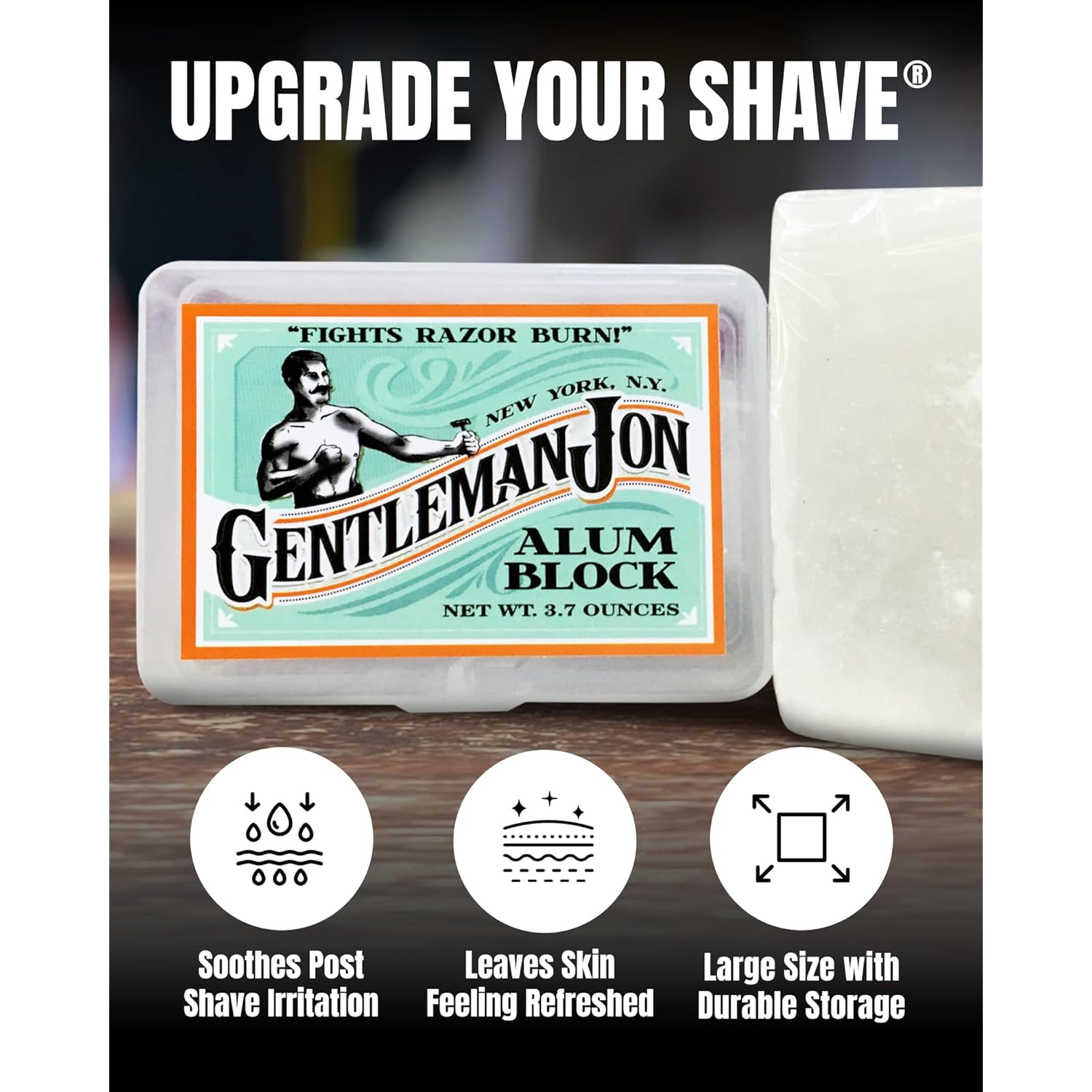 Gentleman Jon 3.7 Ounce Alum Block in Plastic Case - Upgrade Your Shave - Soothing Aftershave Solution for Shaving Razor Burn Relief - Travel Friendly Durable Plastic Case Included, Aftershave for Men