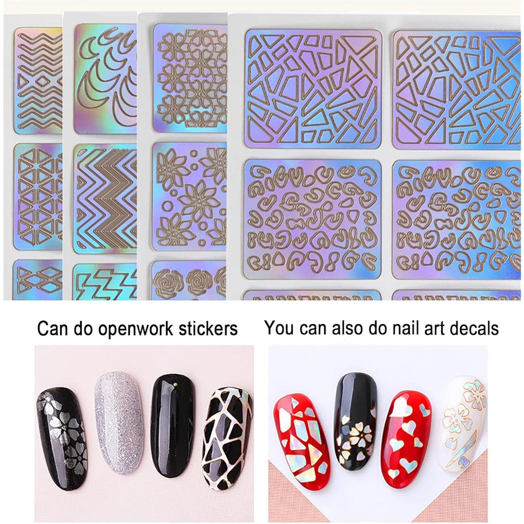 144 Pcs Reusable Nail Stencils & Vinyls Kit, Nail Art Stickers for DIY with Floral, Geometric, Lace Patterns | Hollow Out Design Decoration for Coffin, Almond Nails