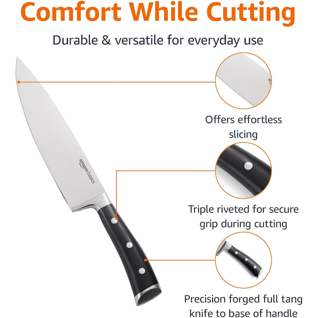 Amazon Basics Classic 8-inch Full Tang High Carbon Stainless Steel Chef's Knife, Multipurpose Kitchen Knife with Three Rivets, Silver