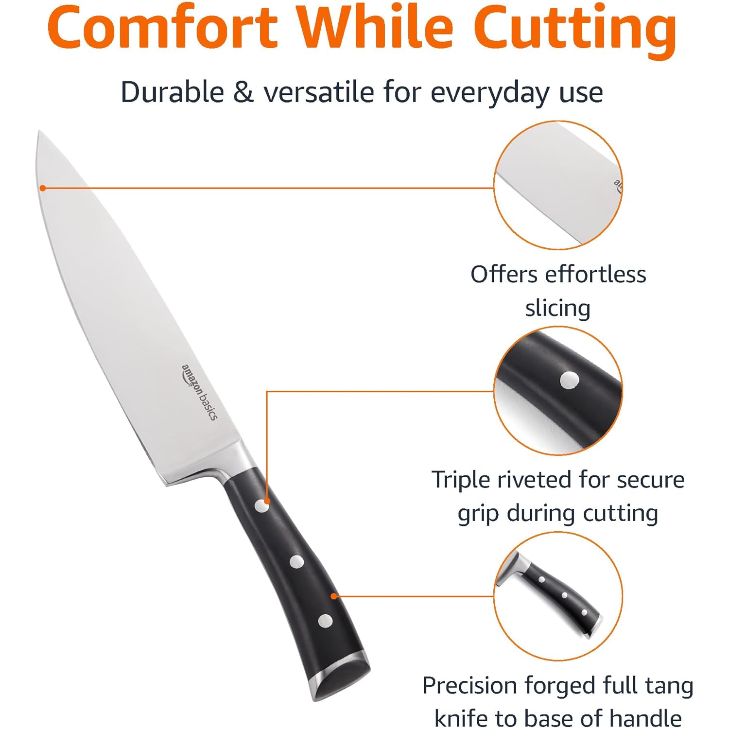 Amazon Basics Classic 8-inch Full Tang High Carbon Stainless Steel Chef's Knife, Multipurpose Kitchen Knife with Three Rivets, Silver