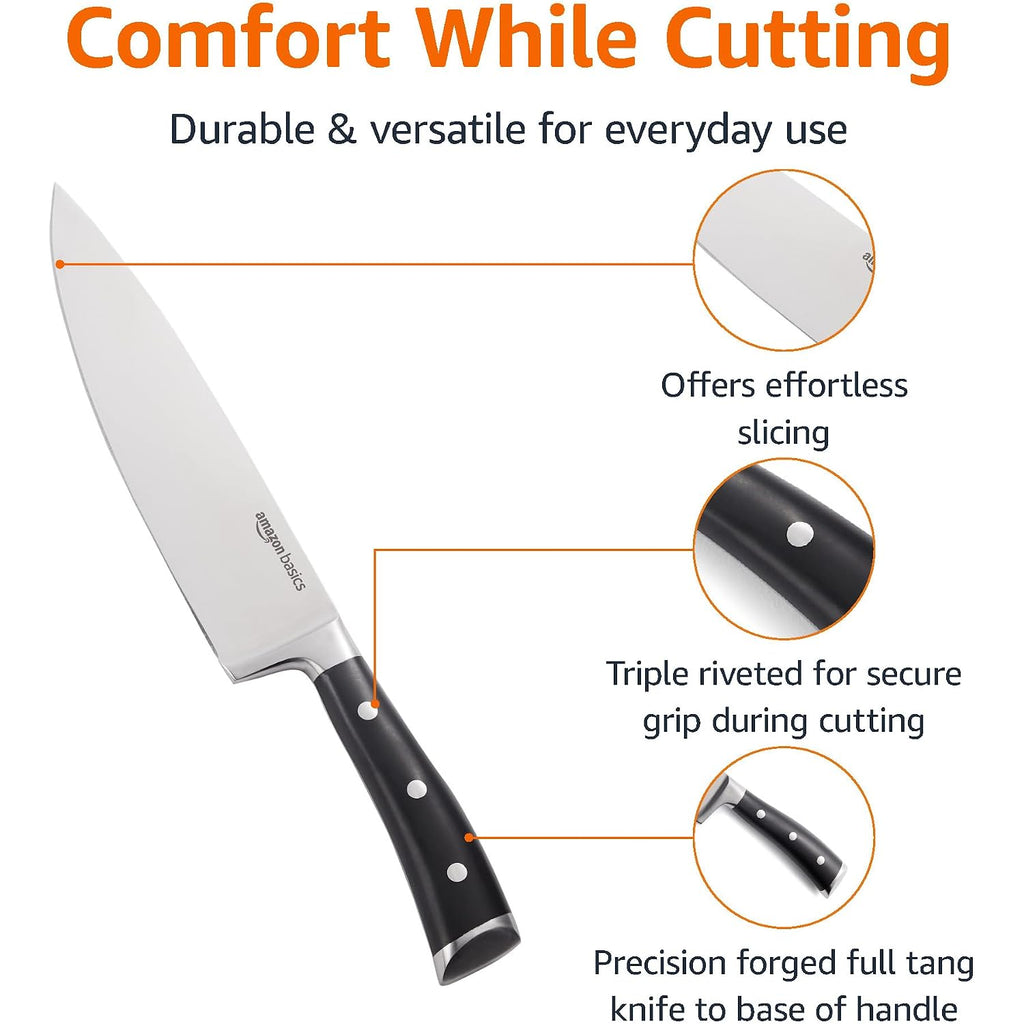 Amazon Basics Classic 8-Inch Full Tang High Carbon Stainless Steel Chef'S Knife, Multipurpose Kitchen Knife With Three Rivets, Silver