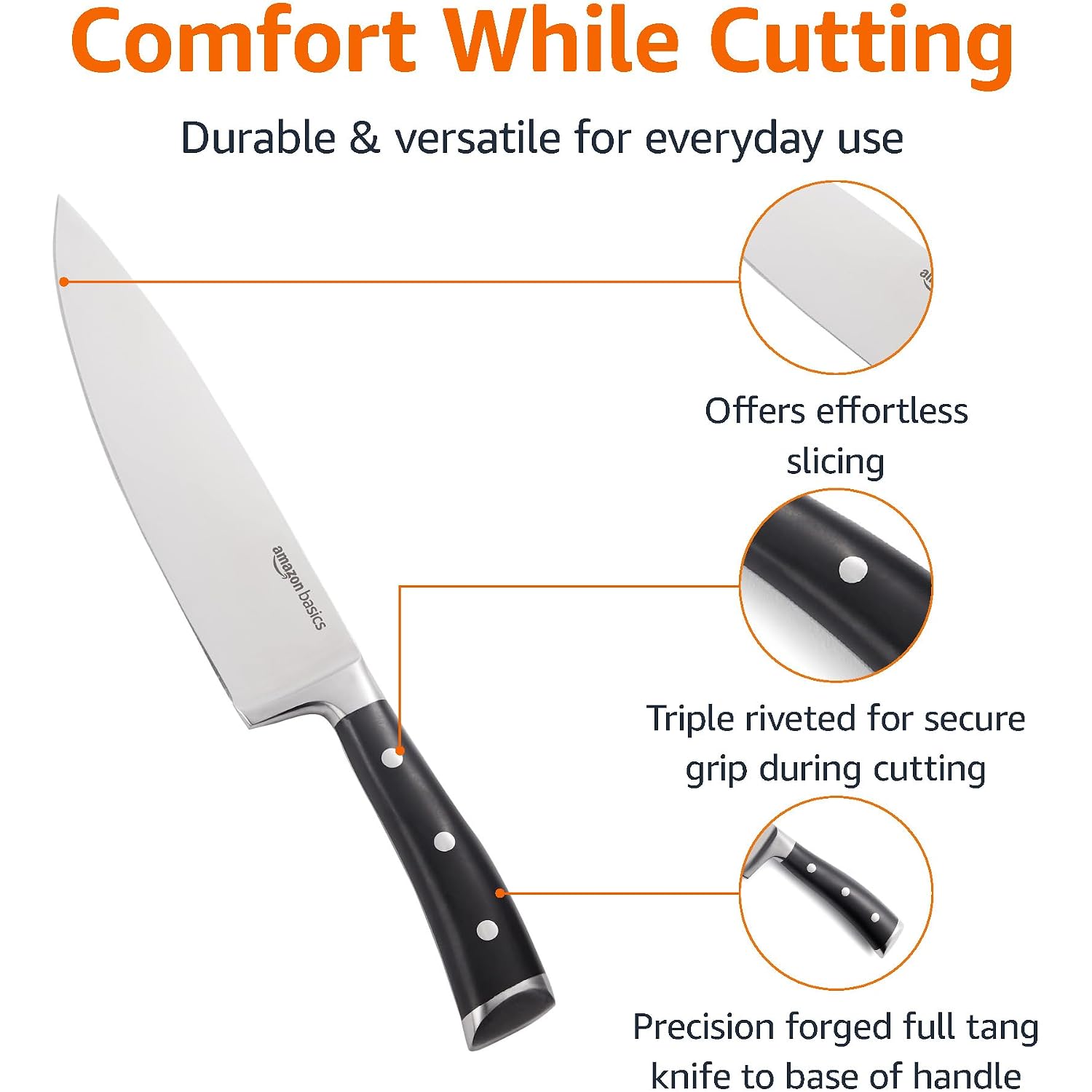 Amazon Basics Classic 8-Inch Full Tang High Carbon Stainless Steel Chef'S Knife, Multipurpose Kitchen Knife With Three Rivets, Silver