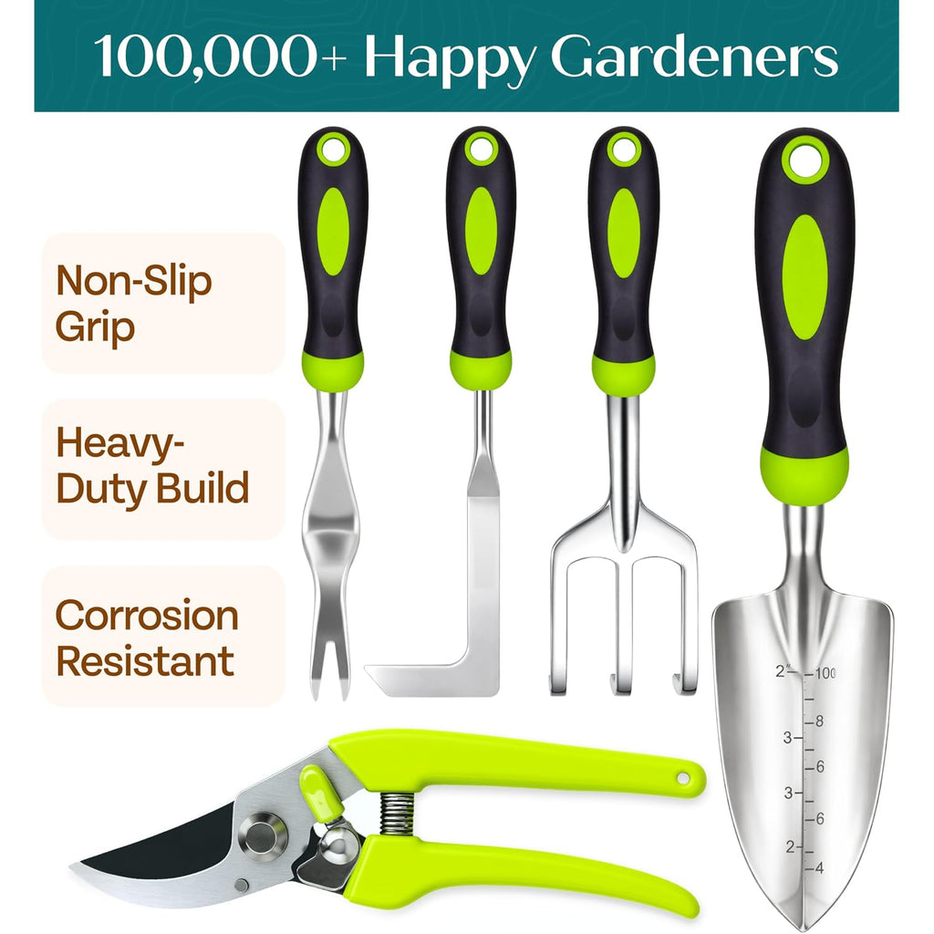 Heavy Duty Gardening Tools - Gardening Gifts For Women, Men, Mom, Dad - Durable, Ergonomic Garden Tools Set (Green)