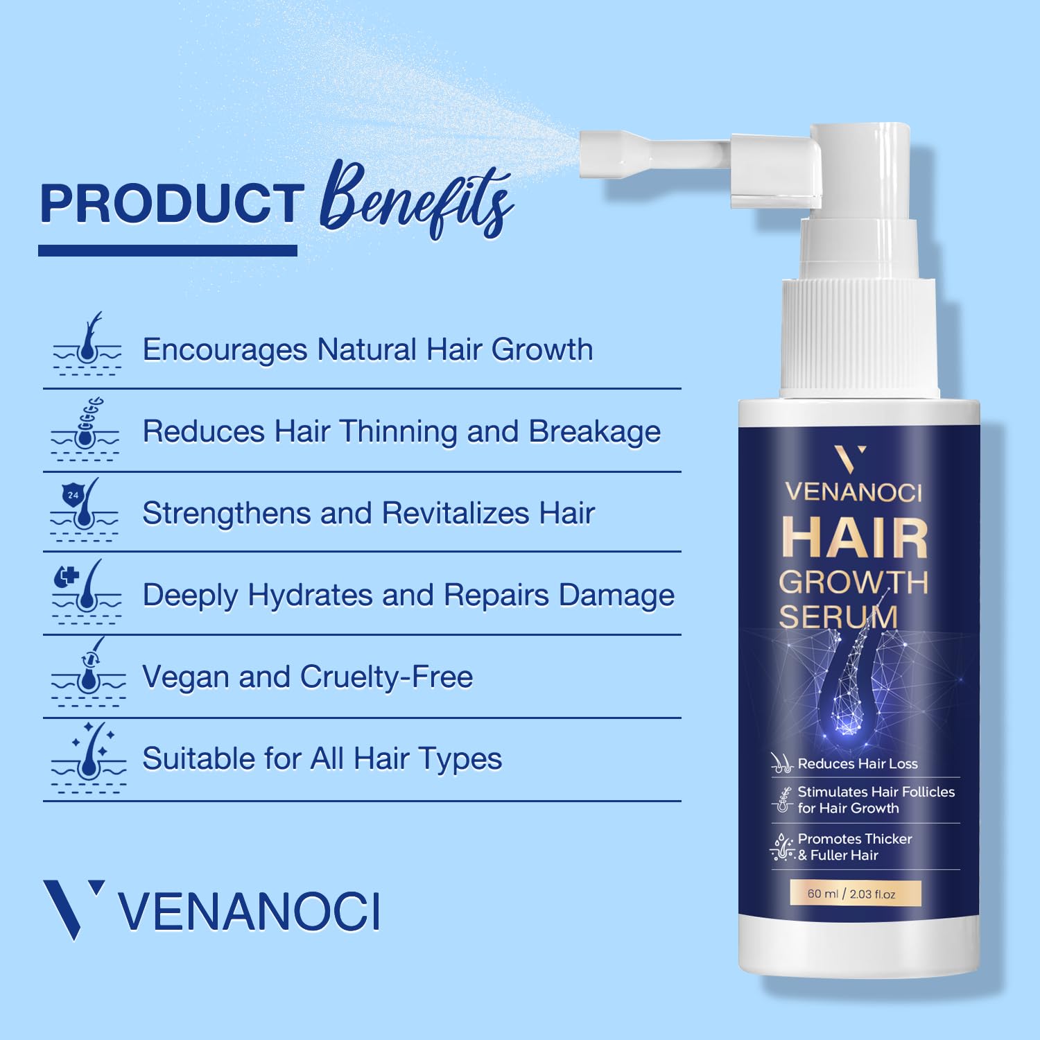 VENANOCI Hair Growth Oil Spray: Natural Hair Regrowth Serum with Rosemary, Biotin – Anti-Hair Loss Treatment for Thinning Hair – Promotes Thicker, Fuller Hair for Women & Men