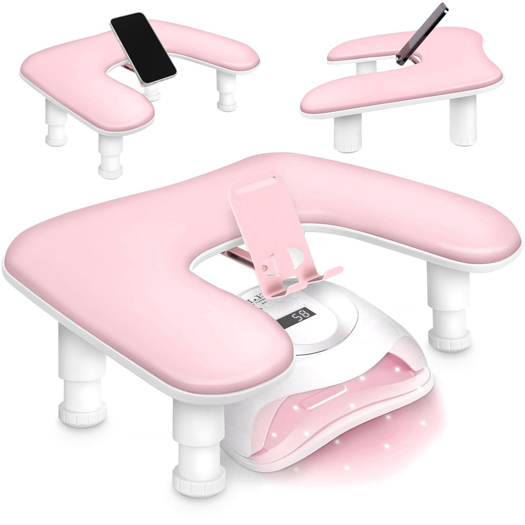 U Shaped Arm Rest for Nails Tech with Rotating Phone Holder - Adjustable Nail Arm Rest with Phone Holder - Detachable Manicure Hand Pillow for Salon or Home Use (Pink)