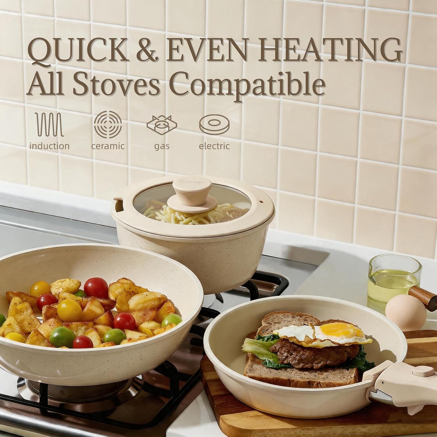 Ceramic Cookware Set Non Stick 8Pcs Pots And Pans Set Detachable Handle Induction Kitchen Cooking Set With Frying Pans Oven Dishwasher Safe, Pfas/Pfoa Free, Cream White