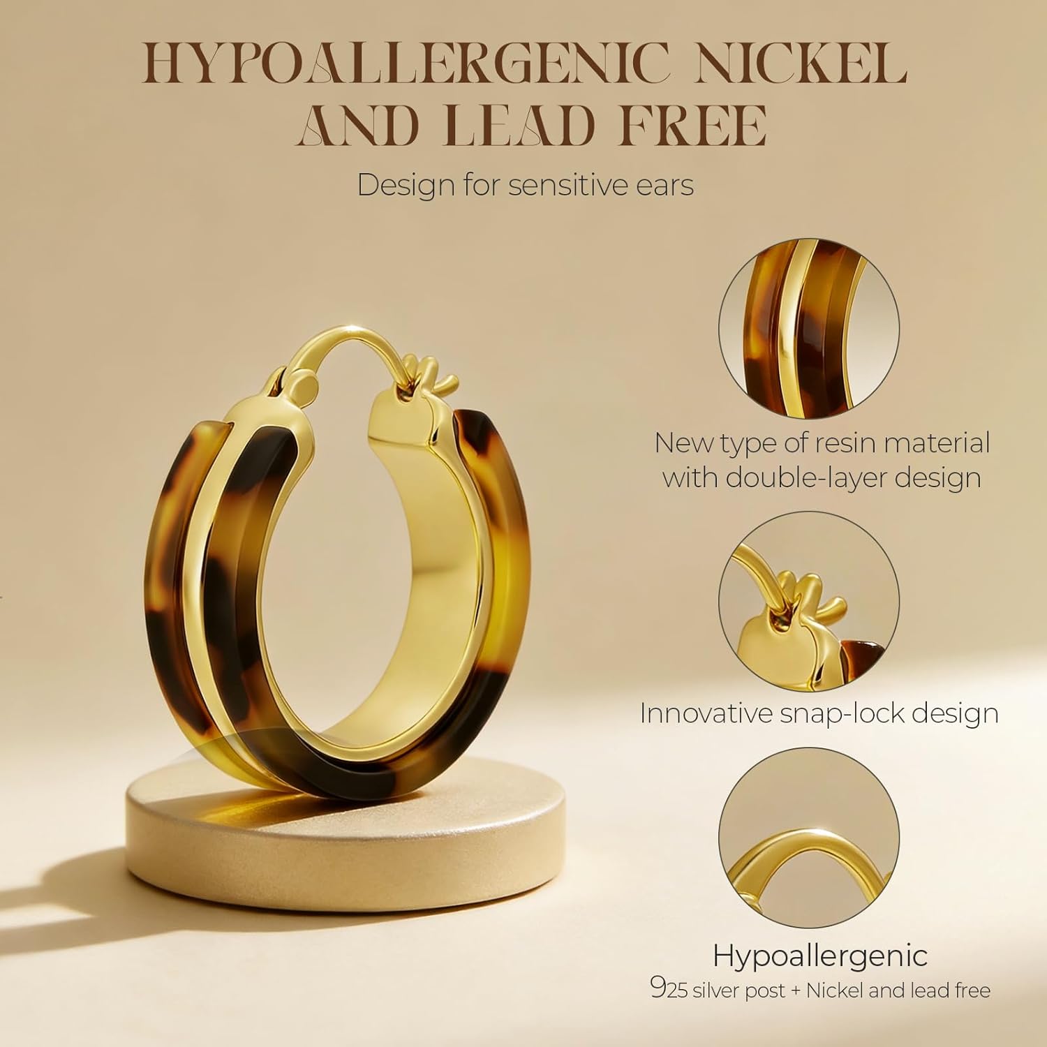Chunky Hoop Earrings for Women 18K Gold Plated Tortoise Shell Leopard Resin Hoops, 925 Sterling Silver Post Lightweight Vintage Statement Earrings for Daily Wear