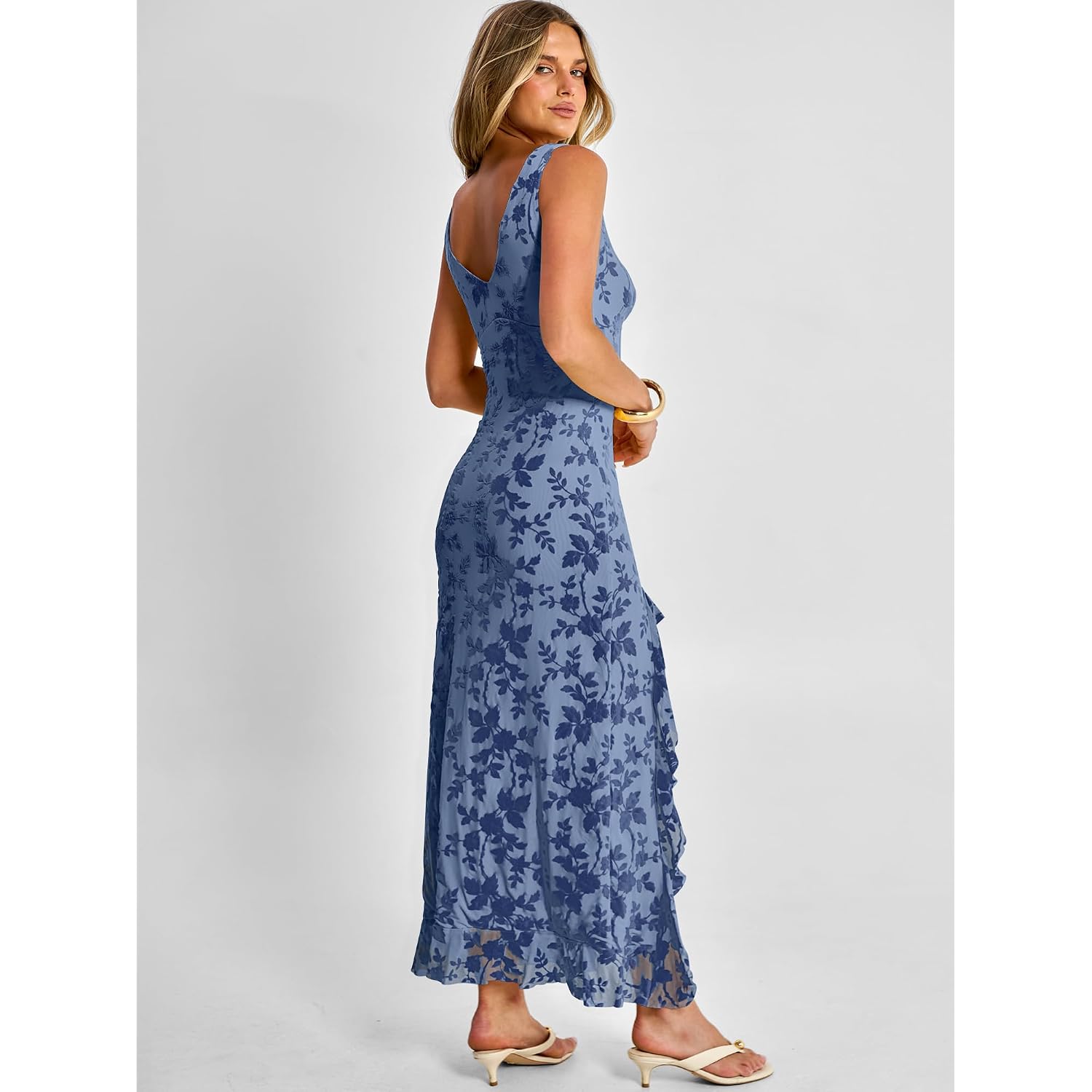 Anrabess Womens Sexy V Neck Sleeveless Wedding Guest Dresses Spring Mesh Bodycon High Slit Ruffle Hem Cocktail Maxi Dress