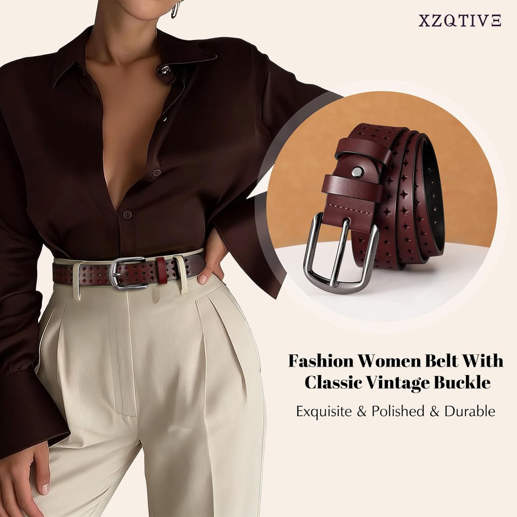 XZQTIVE Hollow Genuine Leather Belts for Women with Pin Buckle, Fashion Casual Waist Belt for Jeans Dress Pants
