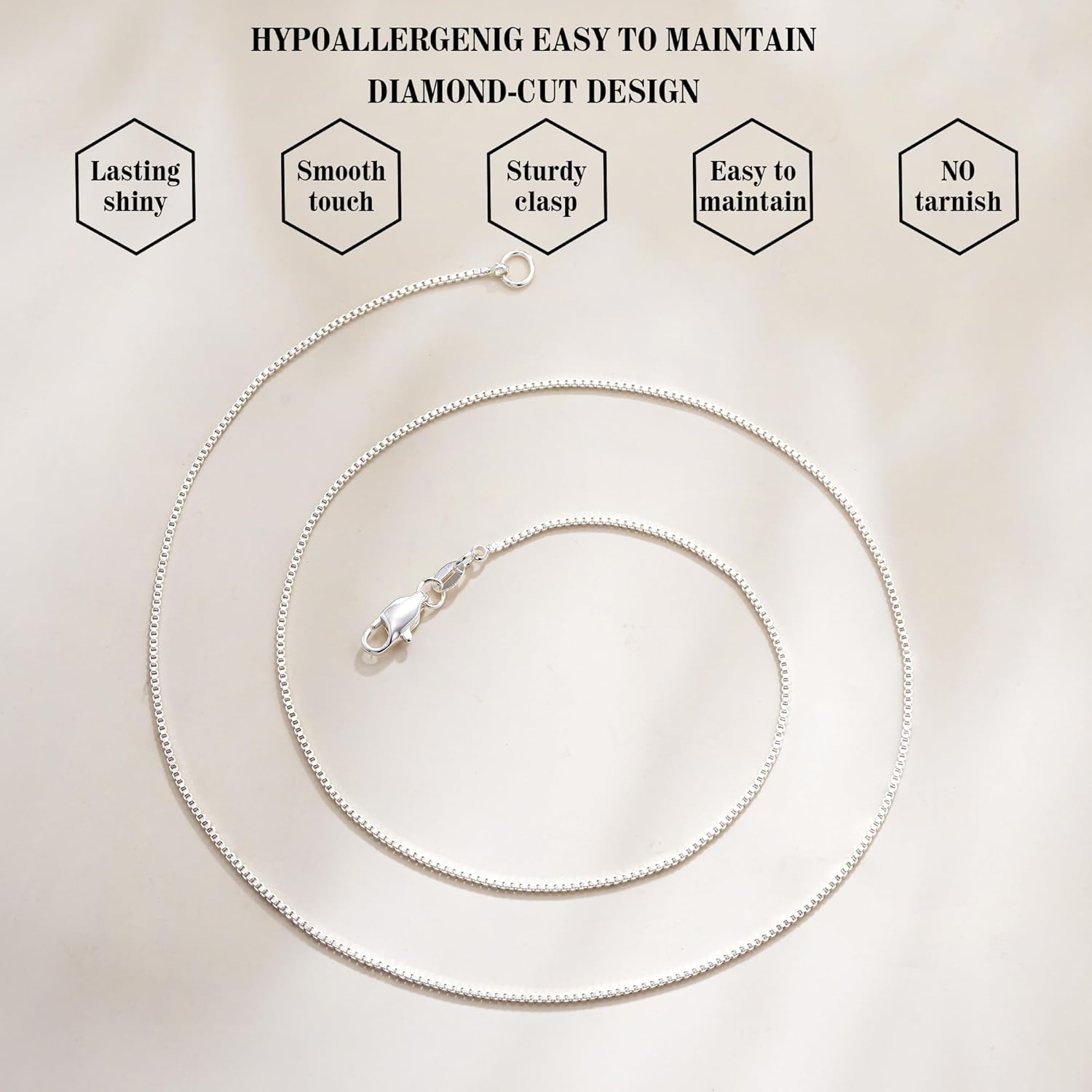 925 Sterling Silver Chain for Women, Diamond Cut 1mm Box Chain Lobster Claw Clasp Silver Jewelry Gifts for Women Mom Girlfriend