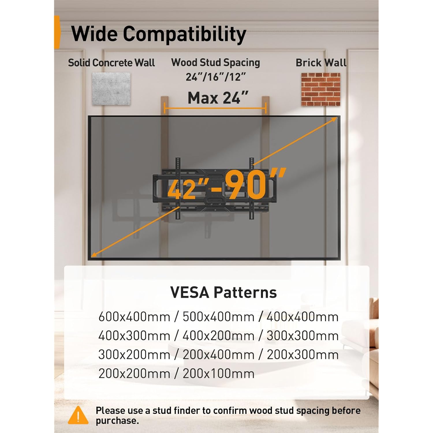 Perlegear UL-Listed Full Motion TV Wall Mount for 42–90 Inch TVs up to 150 lbs, Pre-Assembled TV Mount with Tool-Free Tilt, Swivel, Extension, Max VESA 600 x 400mm, 12″/16″/18″/24″ Wood Studs, PGLF16