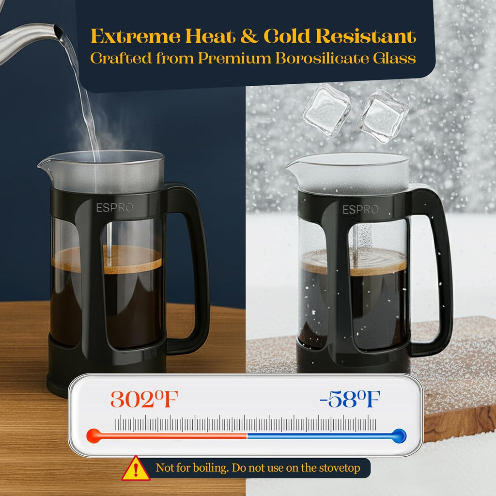 Espro Light P3 French Press Coffee Maker – Patented Double Micro-Filter For Grit-Free Brew, Heat Resistant Thicker Borosilicate Glass Coffee Press – (Black, 32 Oz)