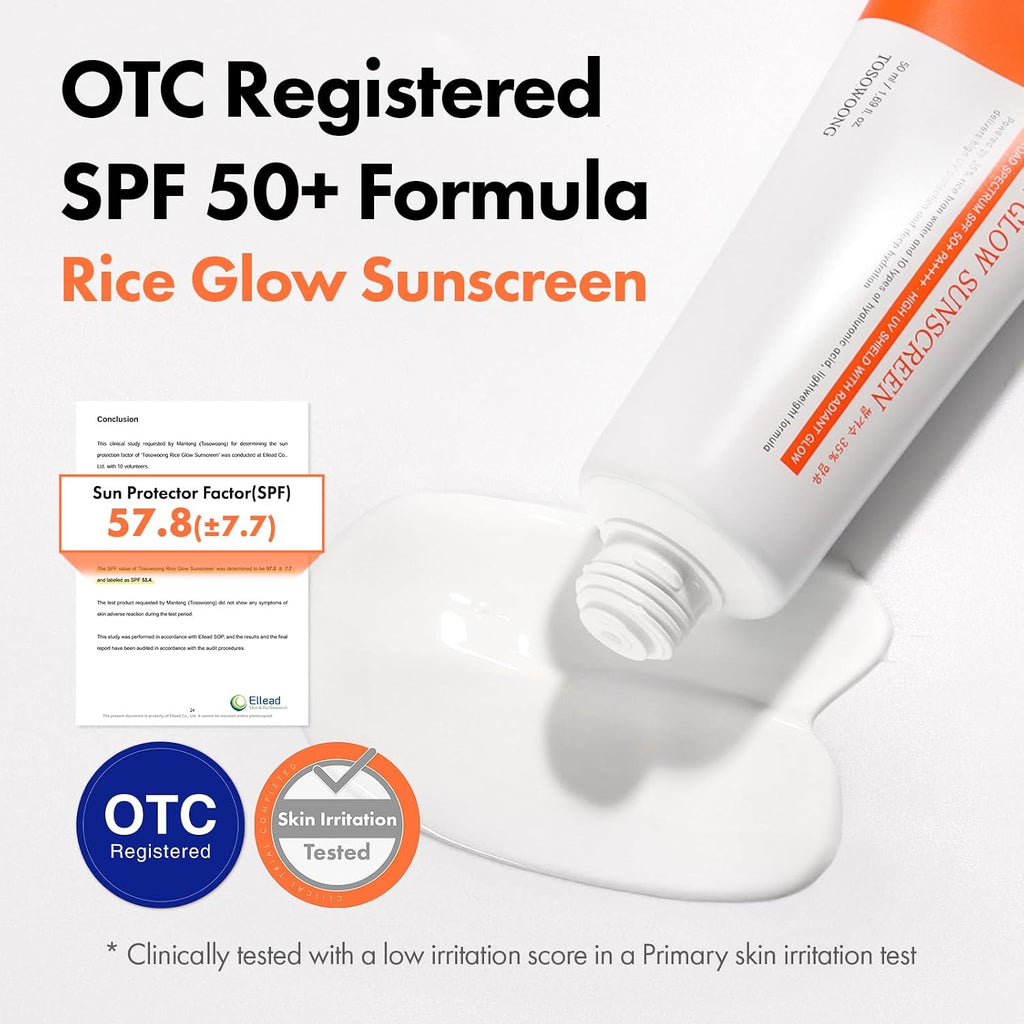 Tosowoong Rice Glow Sunscreen, Spf50+ Broad Spectrum Korean Sunscreen For Face, Dewy Finish No White Cast, Glass Skin Hydrating Spf Moisturizer With Rice Water & Hyaluronic Acid, 50Ml / 1.69 Fl. Oz.