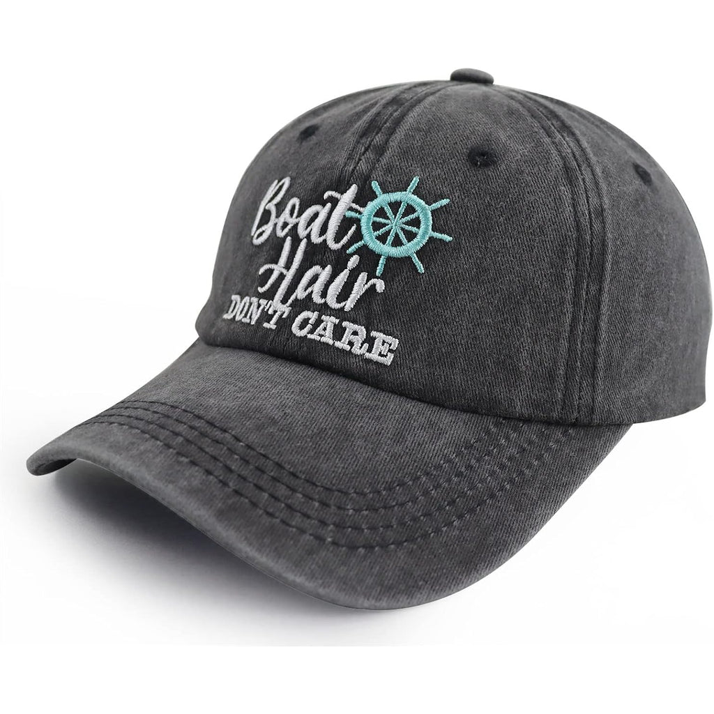 Boat Hair Don't Care Hats for Men Women, Adjustable Embroidered Cotton Washed Distressed Denim Fishing Baseball Cap Black