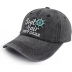 Boat Hair Don't Care Hats for Men Women, Adjustable Embroidered Cotton Washed Distressed Denim Fishing Baseball Cap Black