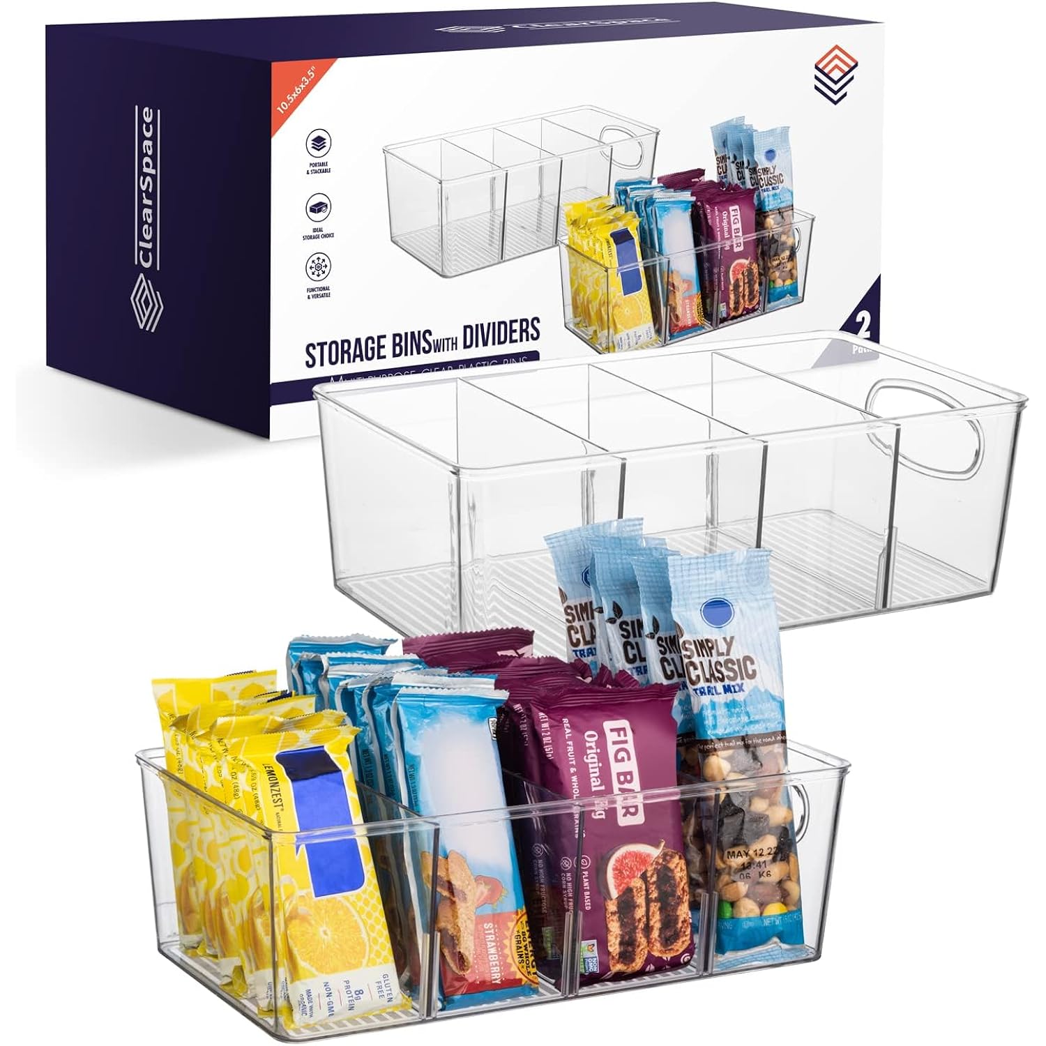 ClearSpace Plastic Pantry Organization and Storage Bins with Removable Dividers – Perfect Kitchen Organization or Kitchen Storage – Refrigerator Organizer Bins, Cabinet Organizers (2 Pack)