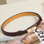 Women’s Skinny Leather Belt with Gold or Silver Turn-Lock Buckle – Adjustable Thin Belt for Dresses, Office & Wedding