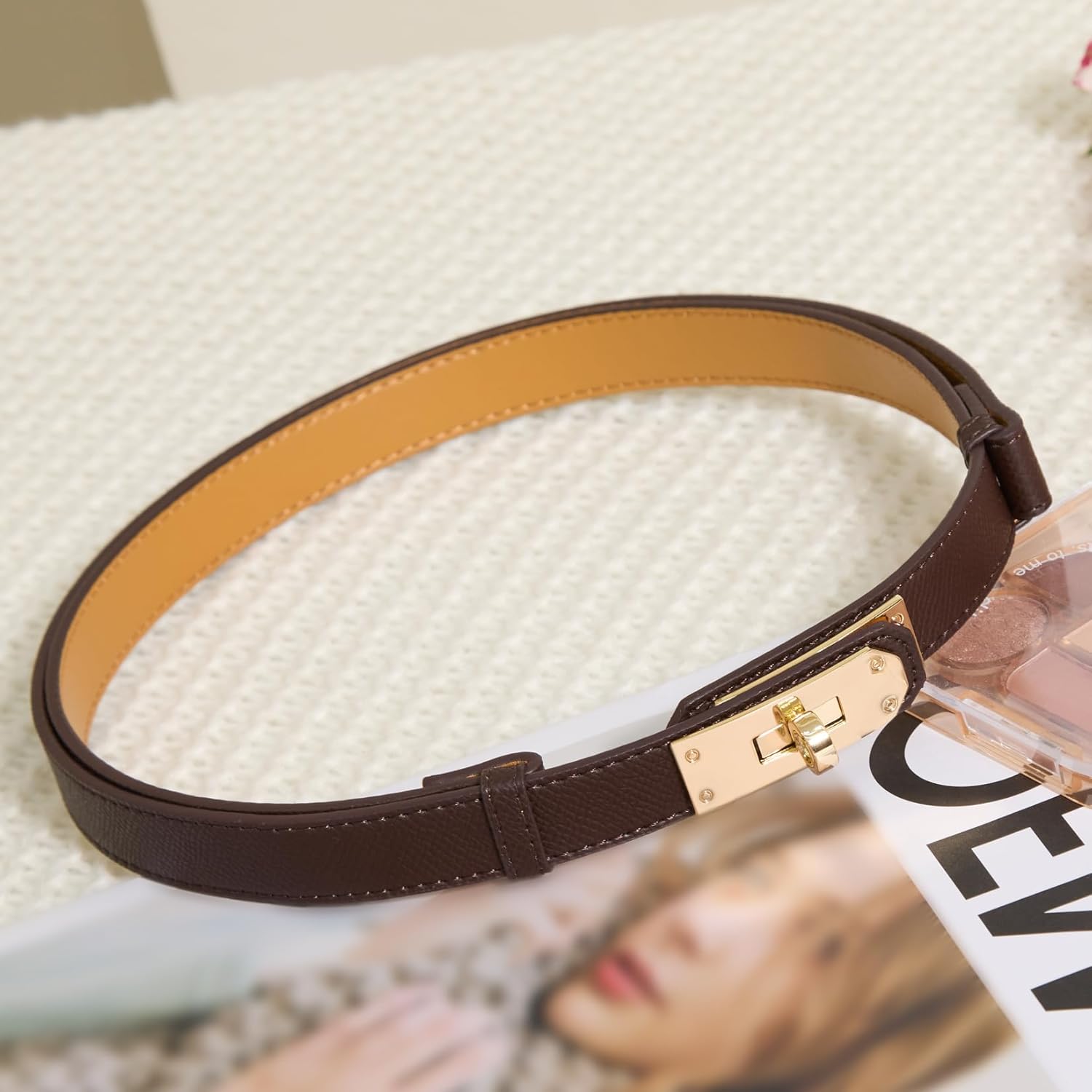Women’s Skinny Leather Belt with Gold or Silver Turn-Lock Buckle – Adjustable Thin Belt for Dresses, Office & Wedding