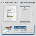 Wowfit 5 Ct 40X60 Inches Extra Large Clear Plastic Bags Perfect For Car Seat, Luggage, Suitcase, Stroller, Chair, Kids Bike And Attic Storage (2 Mil Flat Bags)