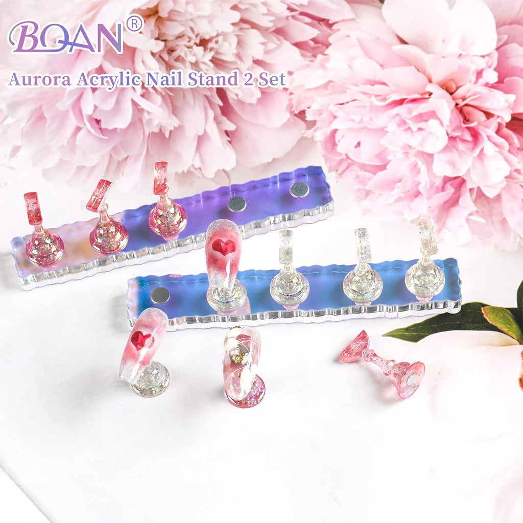 BQAN 2 Set Nail Holder for Painting Nails, Aurora Acrylic Nail Stand for Press on / Fake Nail Tips Training / Nails Display with 96 Pcs Reusable Display Clay