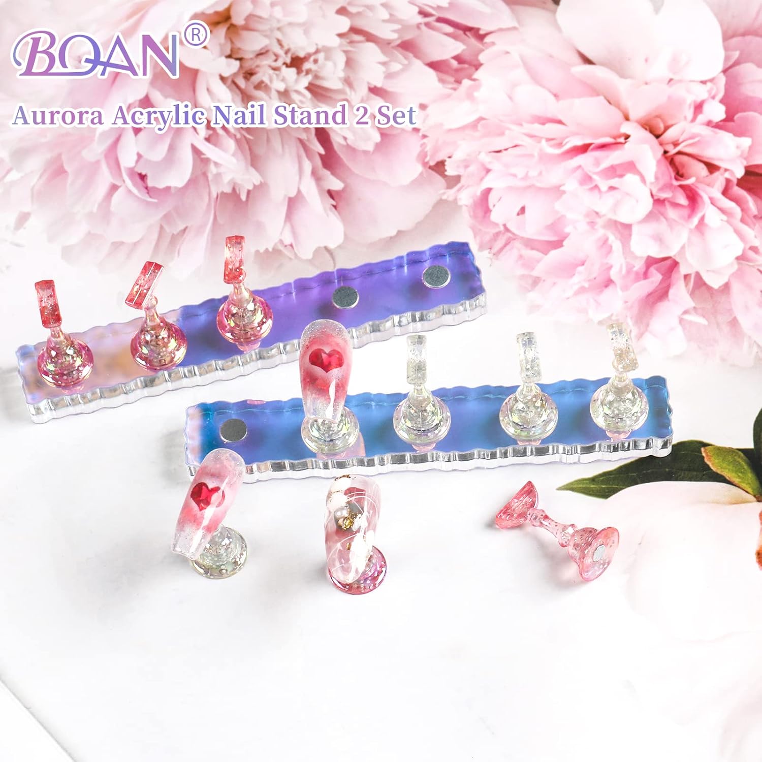 BQAN 2 Set Nail Holder for Painting Nails, Aurora Acrylic Nail Stand for Press on / Fake Nail Tips Training / Nails Display with 96 Pcs Reusable Display Clay