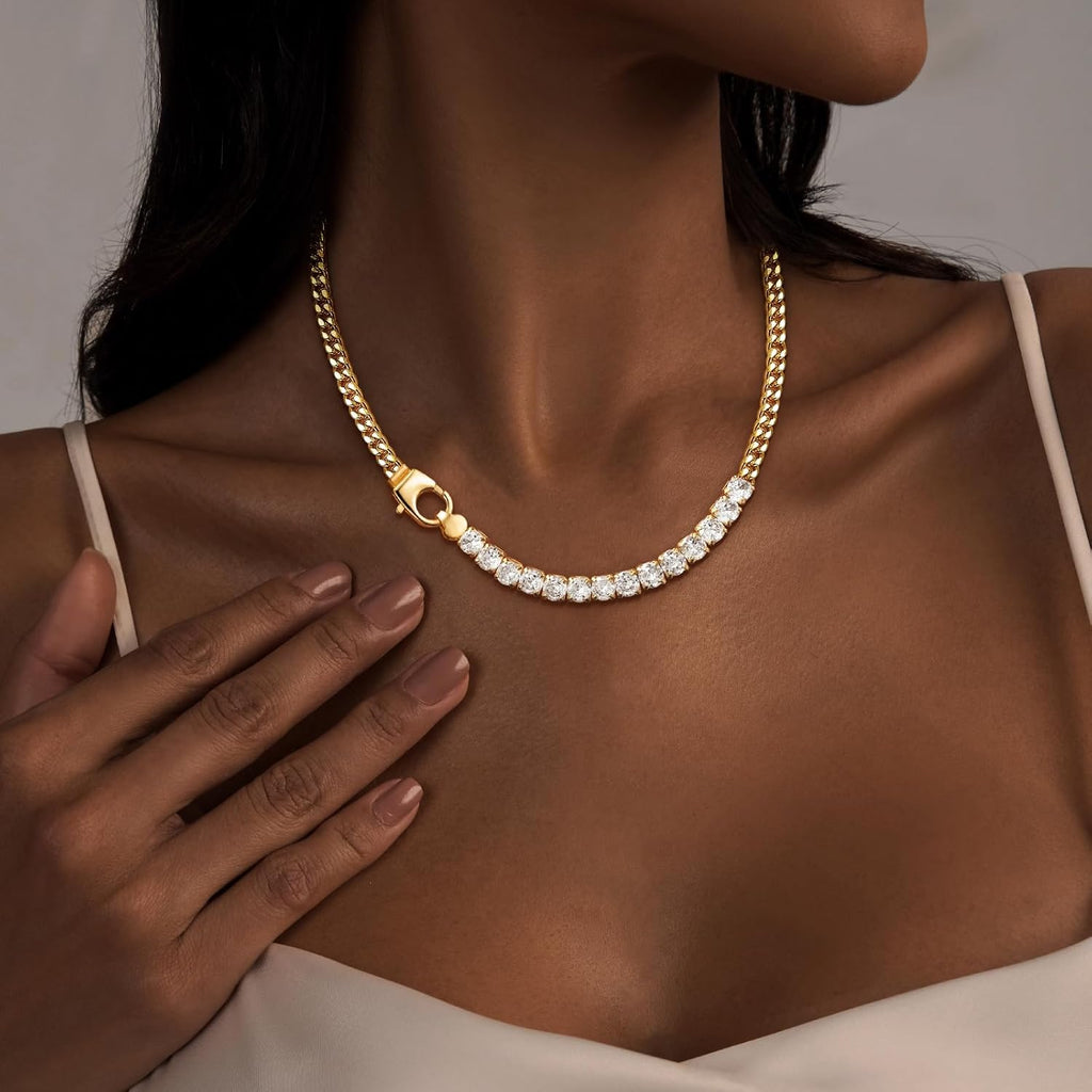 IMBOS 14K Gold Plated Chunky Chain Choker Necklaces for Women Chunky Gold Necklace Tennis Necklace for Women CZ Love Chain Cuban Link Choker Jewelry Gifts