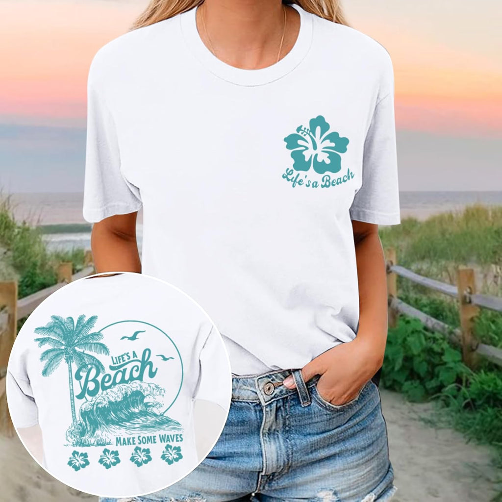 Hawaiian Beach T Shirts for Women Hibiscus Flower Palm Tree Shirt Tropical Graphic Tees Summer Beachy Vacation Tops White