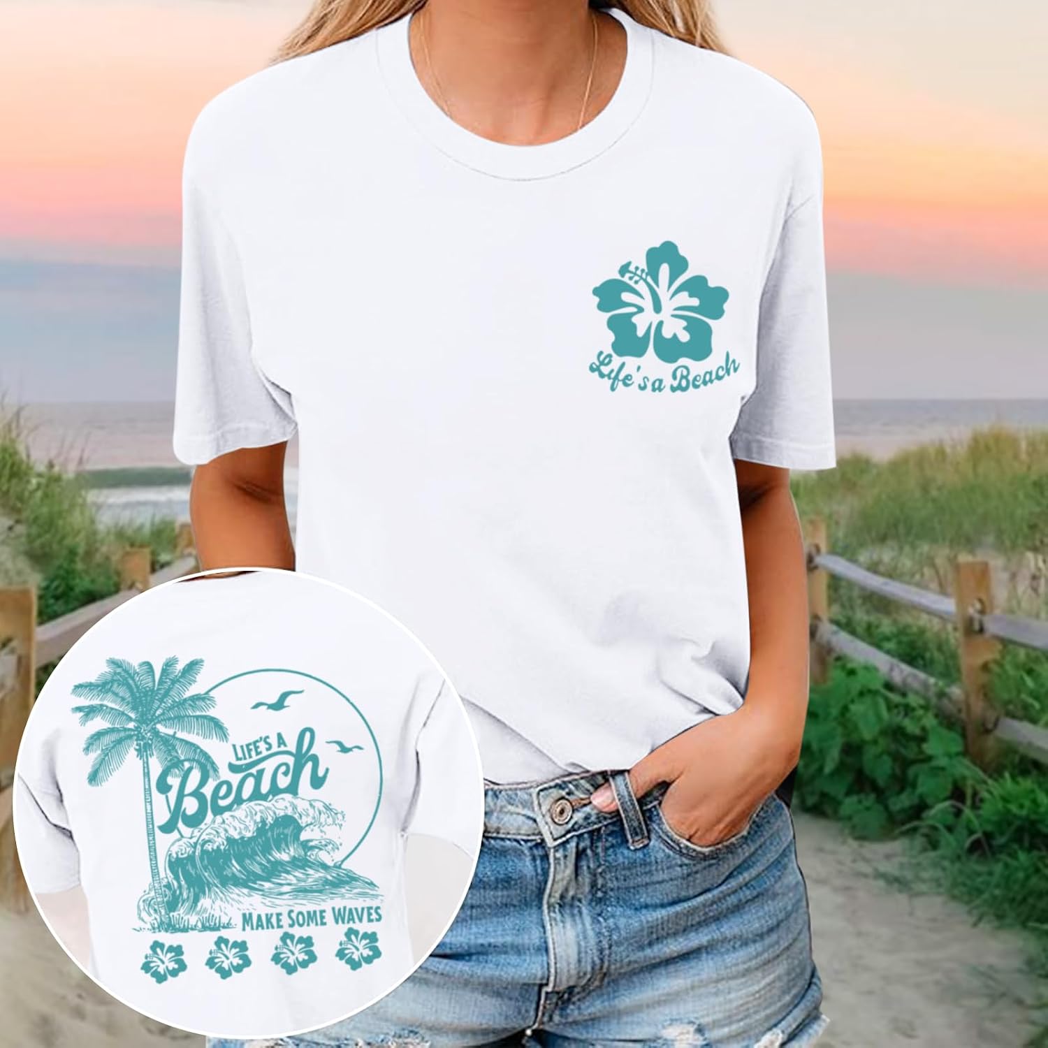 Hawaiian Beach T Shirts for Women Hibiscus Flower Palm Tree Shirt Tropical Graphic Tees Summer Beachy Vacation Tops White