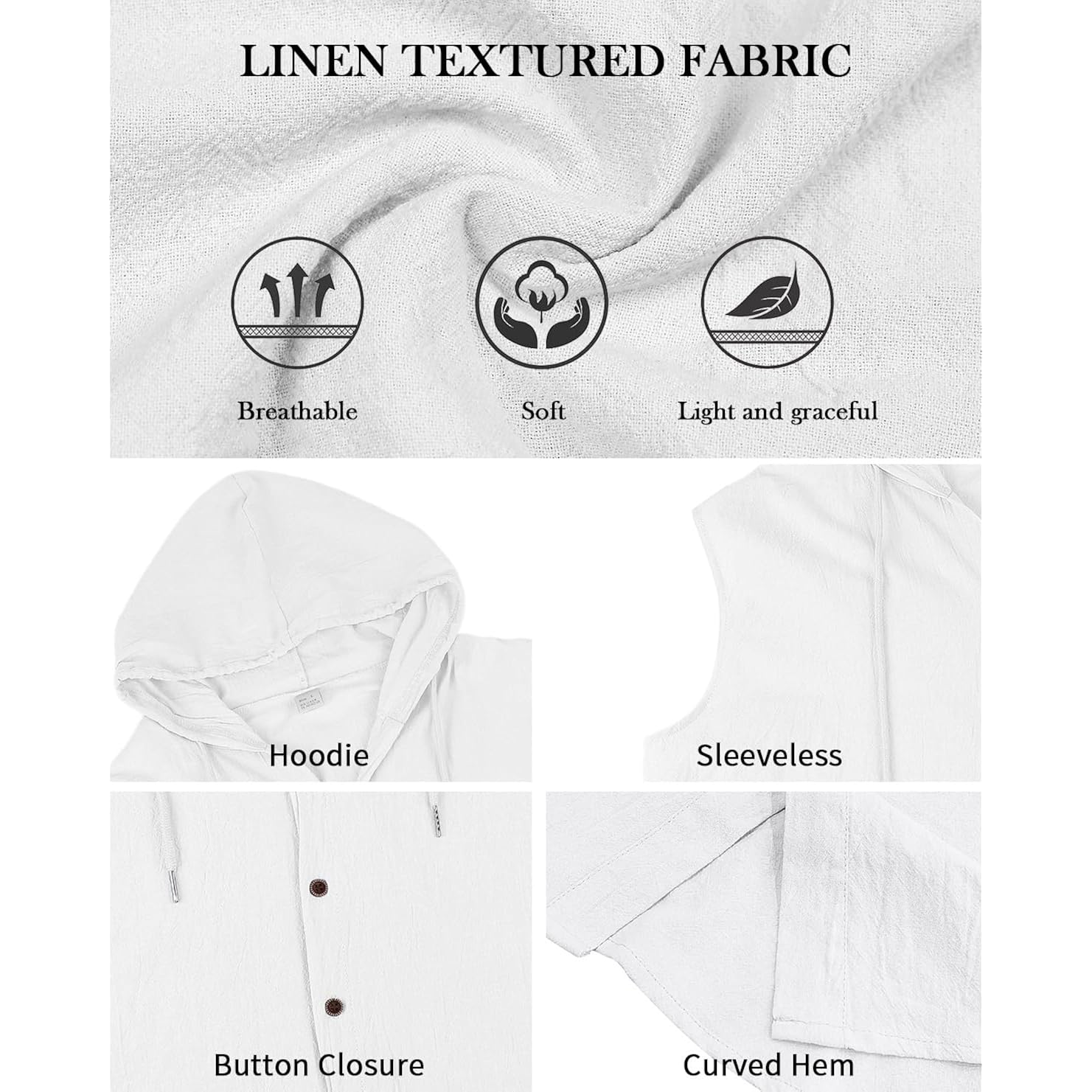 Mens Linen Sleeveless Hoodies Button Down Tank Shirt Summer Casual Beach Lightweight Hawaiian Fashion Tops