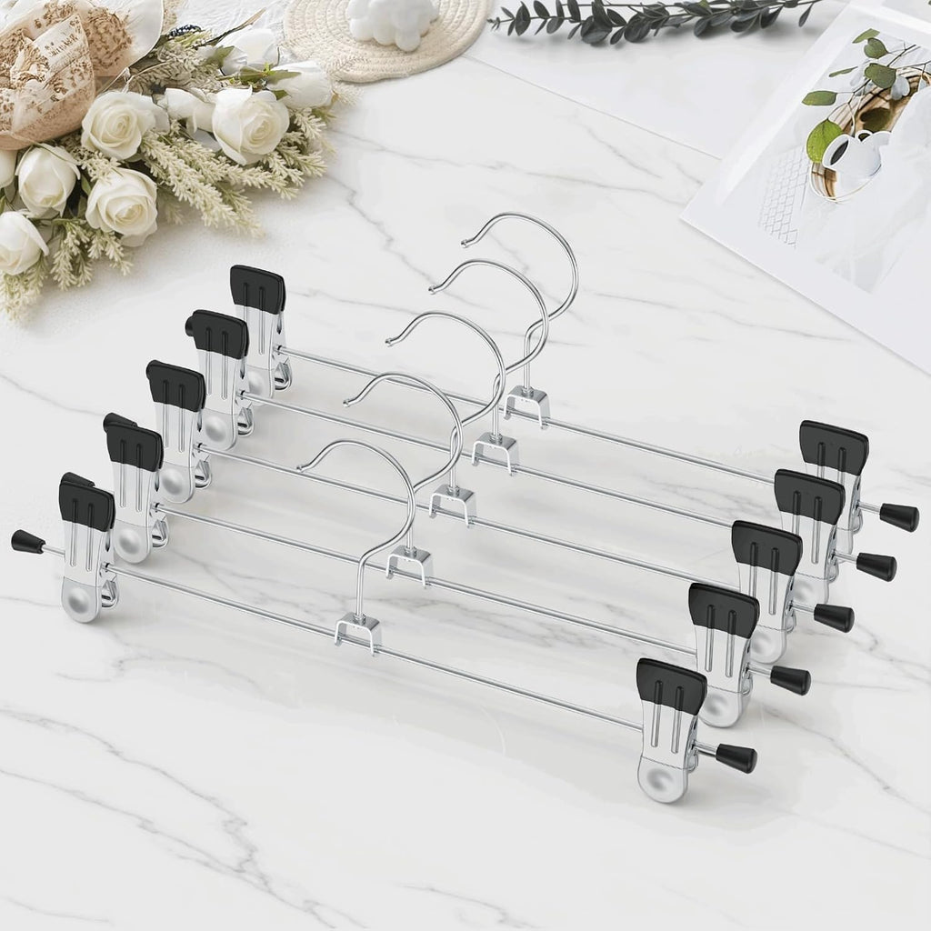 Pants Hangers With Clips: 10Pack Skirt Hangers For Women Metal Adjustable Trouser Hangers For Jeans Shorts Dress - Black