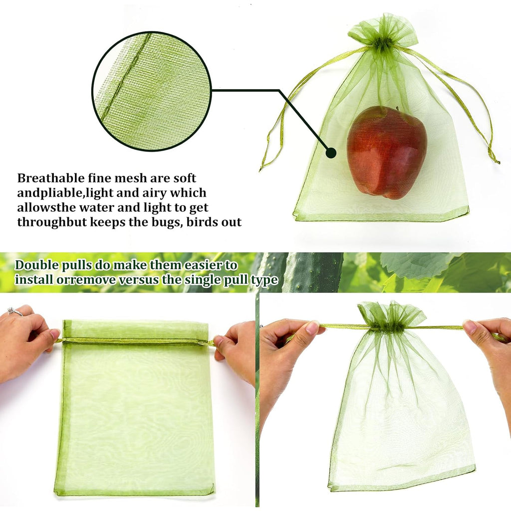 50 Pcs 6X9 Inches Fruit Protection Bags, Fruit Bags For Fruit Trees | Green Netting Fruit Cover Bags Drawstring Mesh Fruit Protectors