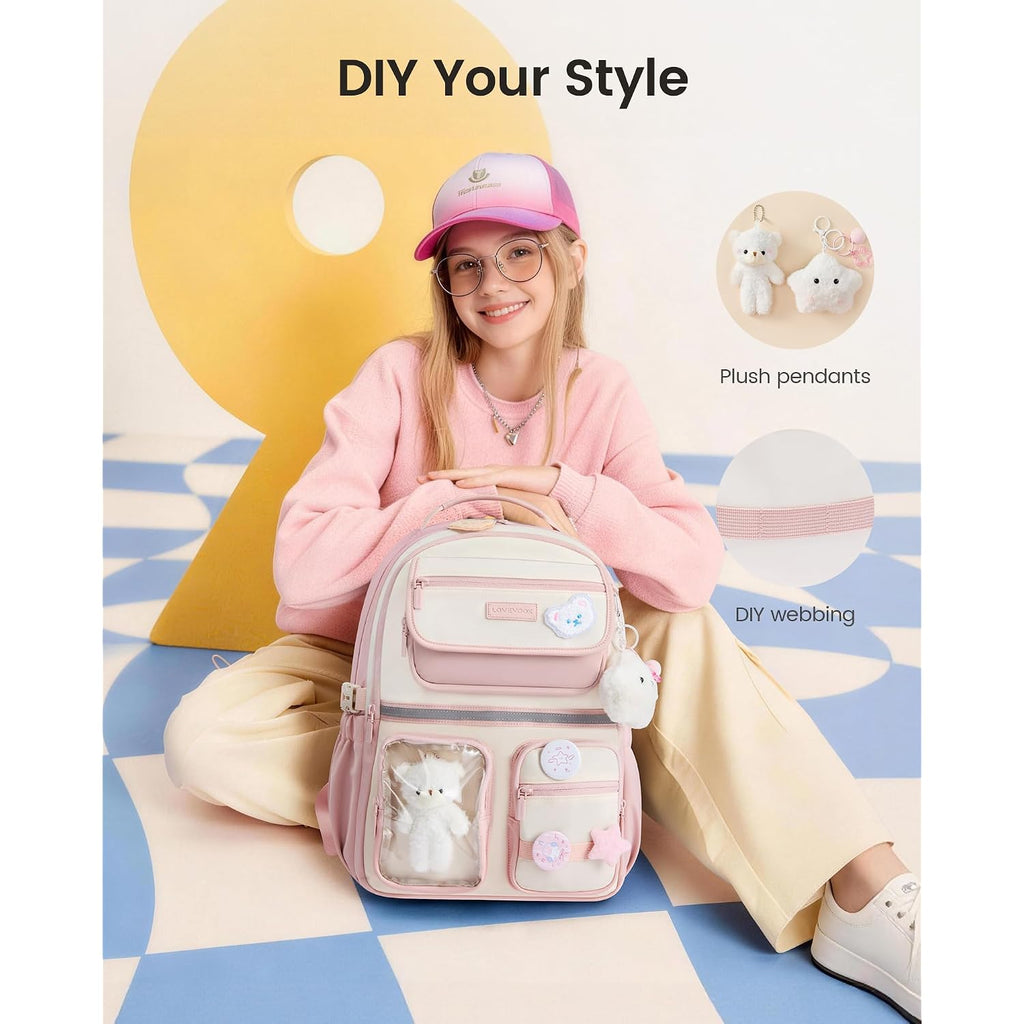 Lovevook School Backpack For Girls, Cute Bookbag For Teen 8-16, Diy Friendly 15.6" Laptop Backpack For Middle High College Student Back To School, Bag With Water Bottle Pocket For Travel, Pink