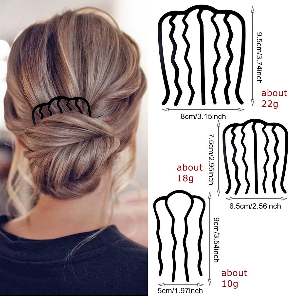 6 Piece Metal Hair Side Combs Hair Fork Clip Teeth Hair Pin Stick For Updo Bun, U Shape For Vintage Hairstyle Hair Accessories(Black-4/7 Teeth)