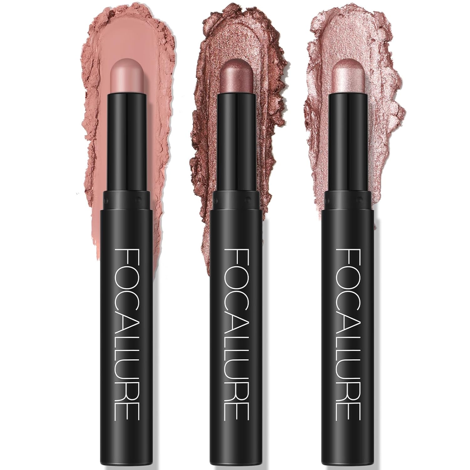 FOCALLURE 3PCS Cream Eyeshadow Stick Sets,Matte and Shimmer Eye Brightener, Light to Dark Pink Pencil,Long Lasting Eye Shadow Highlighter Makeup,Rose Hangover